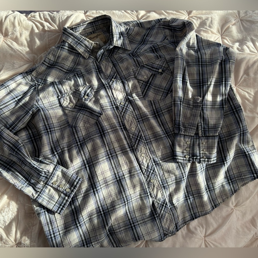 vintage men's wrangler pearl snap long sleeve button down purple white XXL